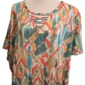 ALLISON DALEY TOP Short Sleeve Embellished Lattice Neck Colorful Sz 3X